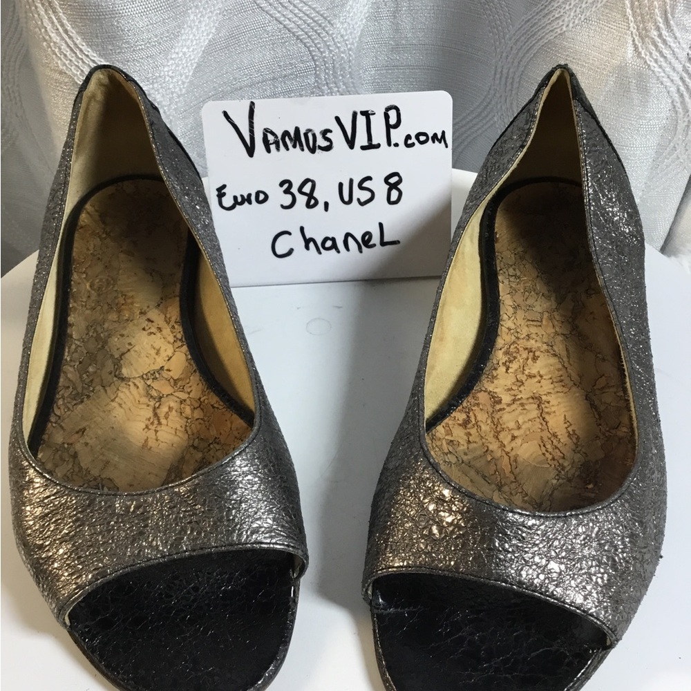 Chanel Women's Metallic Peep-Toe Flats - Silver